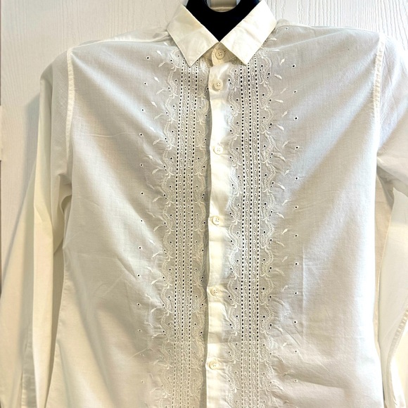 H&M Mens Embroidered White Long Sleeve Shirt Size M - Picture 1 of 10